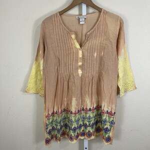 Cute Options Embroidered Tunic Top Womens M Tie Dye Cotton Y2K Boho Cottagecore